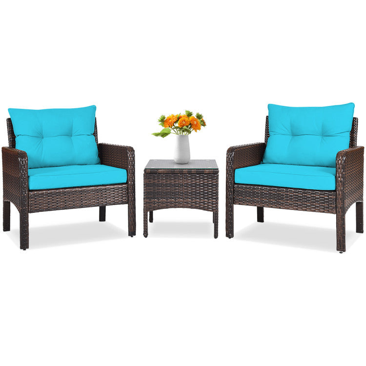 3-Piece Outdoor Patio Rattan Conversation Set with Seat Cushions