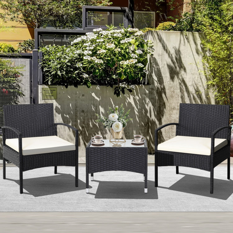 3-Piece Patio Wicker Rattan Furniture Set with Cushion for Lawn Backyard