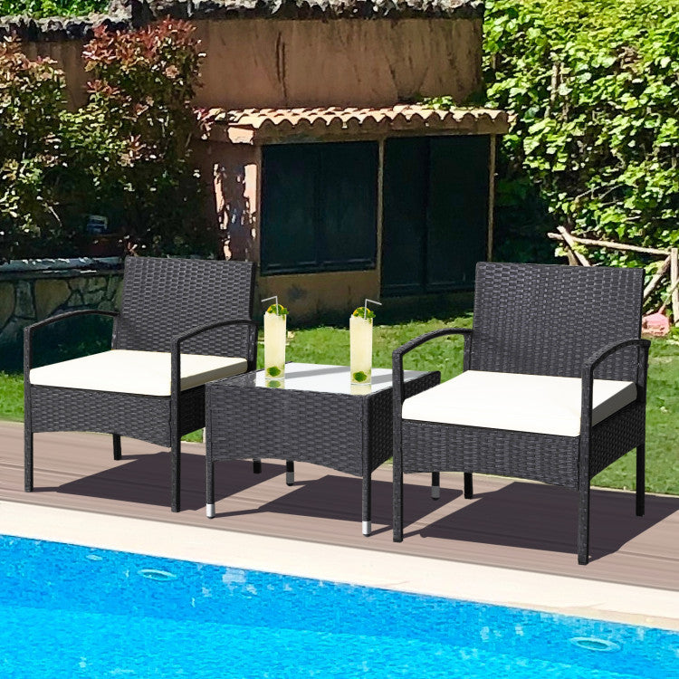 3-Piece Patio Wicker Rattan Furniture Set with Cushion for Lawn Backyard