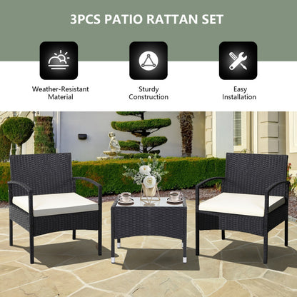 3-Piece Patio Wicker Rattan Furniture Set with Cushion for Lawn Backyard