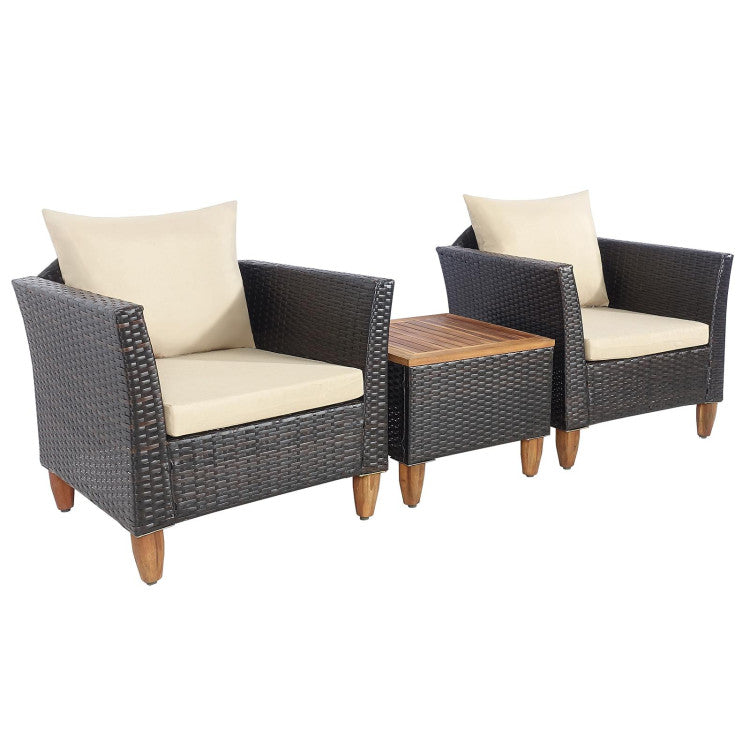 3-Piece Patio Rattan Bistro Furniture Set with Wooden Table Top