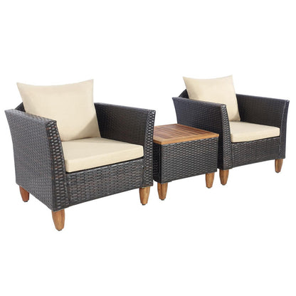 3-Piece Patio Rattan Bistro Furniture Set with Wooden Table Top