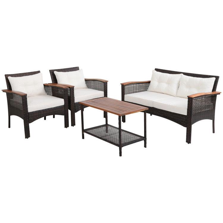 4-Piece Patio Rattan Acacia Wood Furniture Set with Cushions and Armrest