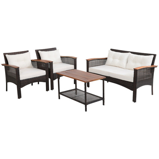 4-Piece Patio Rattan Acacia Wood Furniture Set with Cushions and Armrest