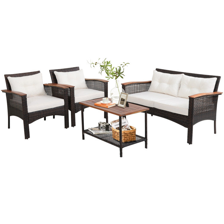 4-Piece Patio Rattan Acacia Wood Furniture Set with Cushions and Armrest