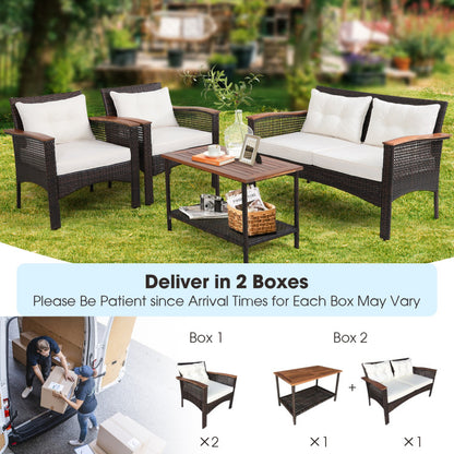 4-Piece Patio Rattan Acacia Wood Furniture Set with Cushions and Armrest