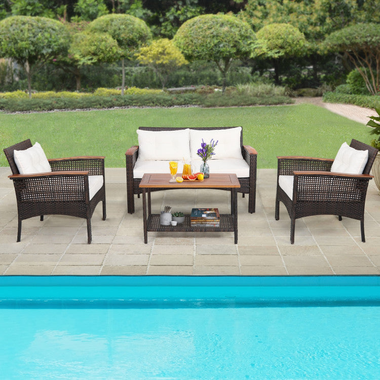 4-Piece Patio Rattan Acacia Wood Furniture Set with Cushions and Armrest