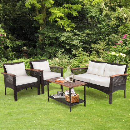 4-Piece Patio Rattan Acacia Wood Furniture Set with Cushions and Armrest