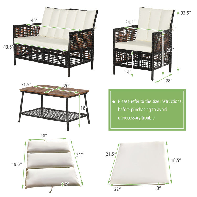 4-Piece Patio Rattan Furniture Set with 2-Tier Coffee Table