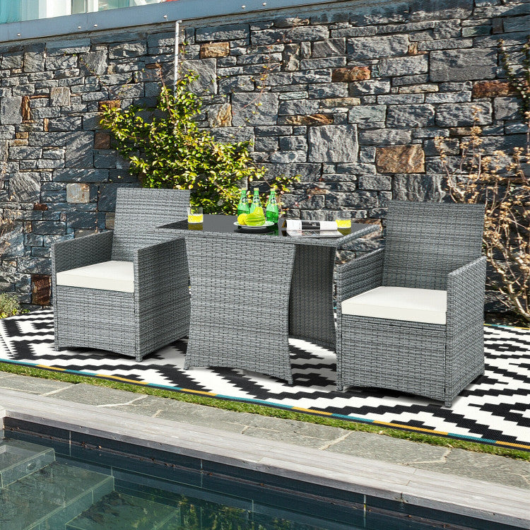 3-Piece Patio Rattan Furniture Set with Cushioned Armrest Sofa