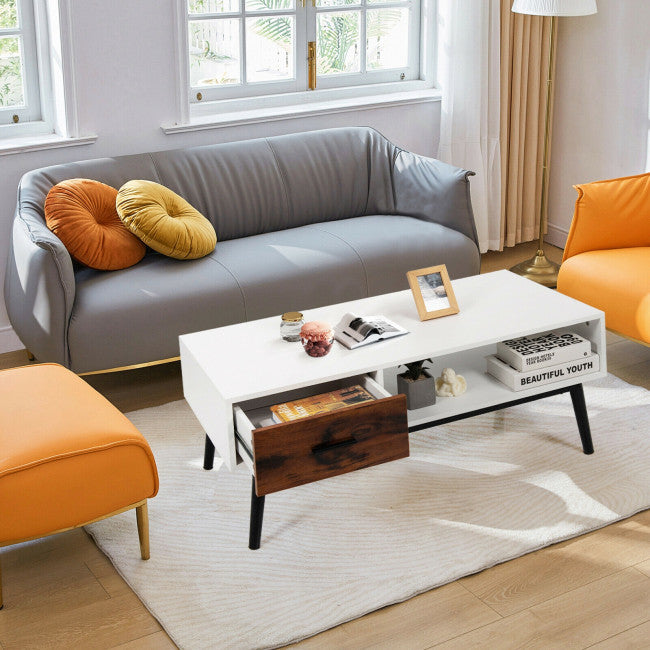 Modern Wood Sofa Table with Open Storage Shelf and Drawer