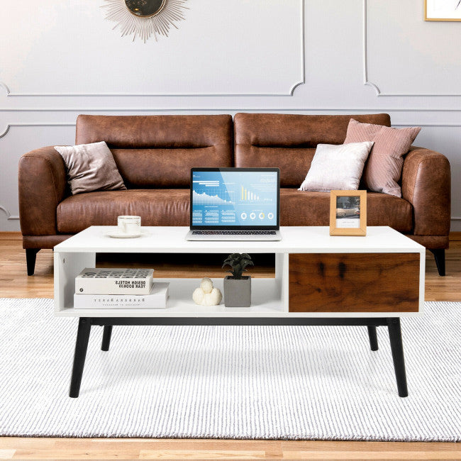 Modern Wood Sofa Table with Open Storage Shelf and Drawer