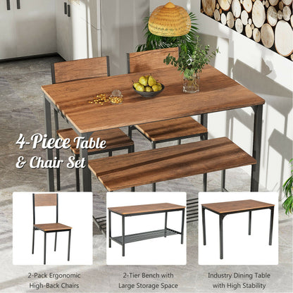 4 Pieces Rustic Dining Table Set with 2 Chairs and Bench