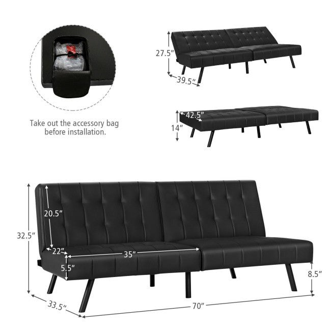 Futon Sofa Bed PU Leather Convertible Folding Couch Sleeper Lounge