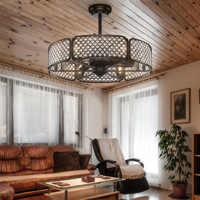 30 Inch Caged Ceiling Fan With Light Crystal Lampshade 6 Light Bases