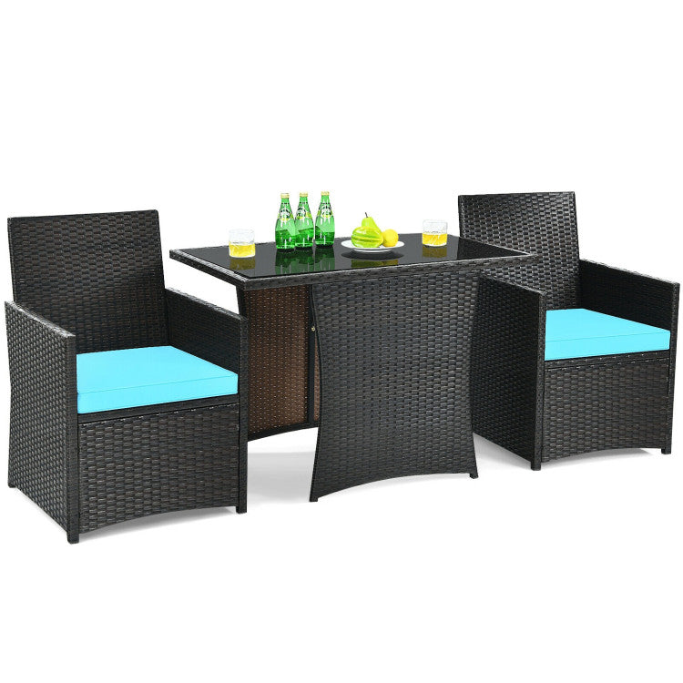 3-Piece Patio Rattan Furniture Set with Cushion and Sofa Armrest