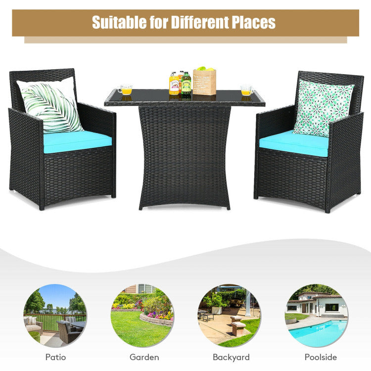 3-Piece Patio Rattan Furniture Set with Cushion and Sofa Armrest