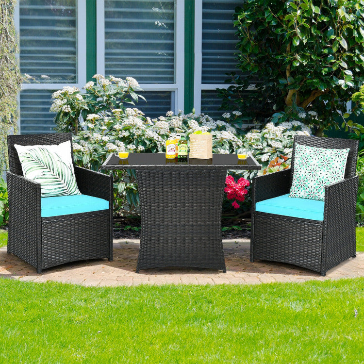 3-Piece Patio Rattan Furniture Set with Cushion and Sofa Armrest