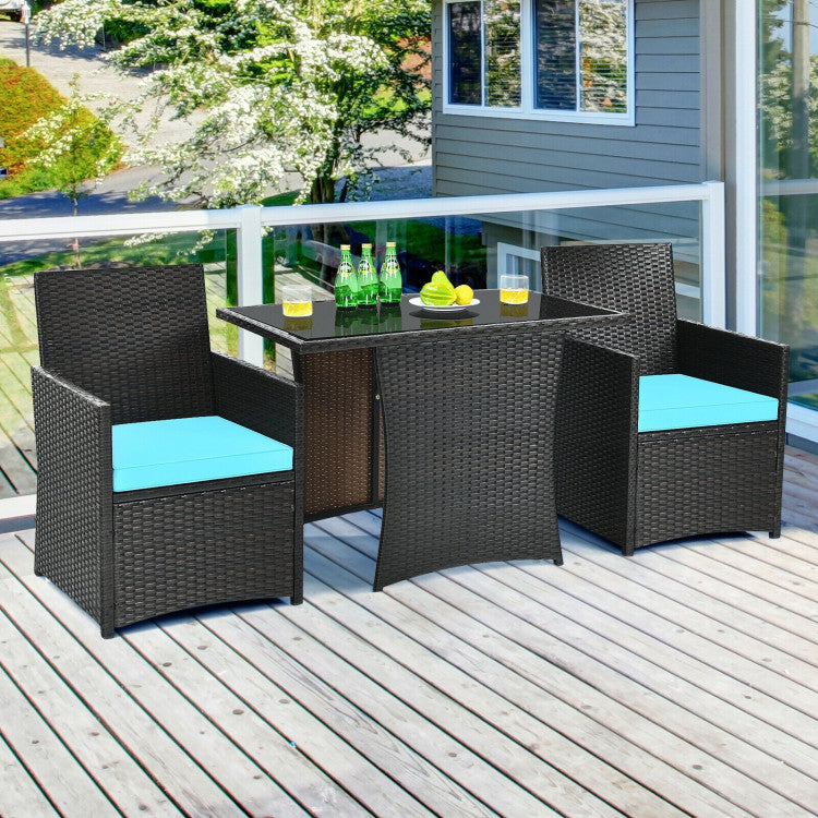 3-Piece Patio Rattan Furniture Set with Cushion and Sofa Armrest