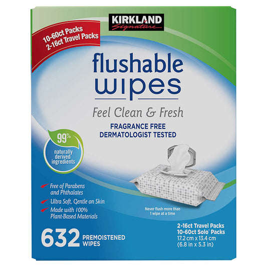 Kirkland Signature Moist Flushable Enhanced Cleansing & Freshness Ultra Soft Hypoallergenic Plant-Based Wipes - 632 Count