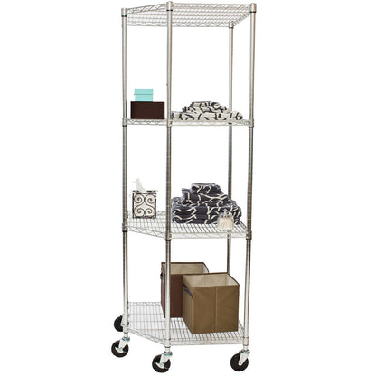 TRINITY EcoStorage 4-Tier Corner Wire Shelving Rack with Wheels, 18" D, NSF, Chrome Color