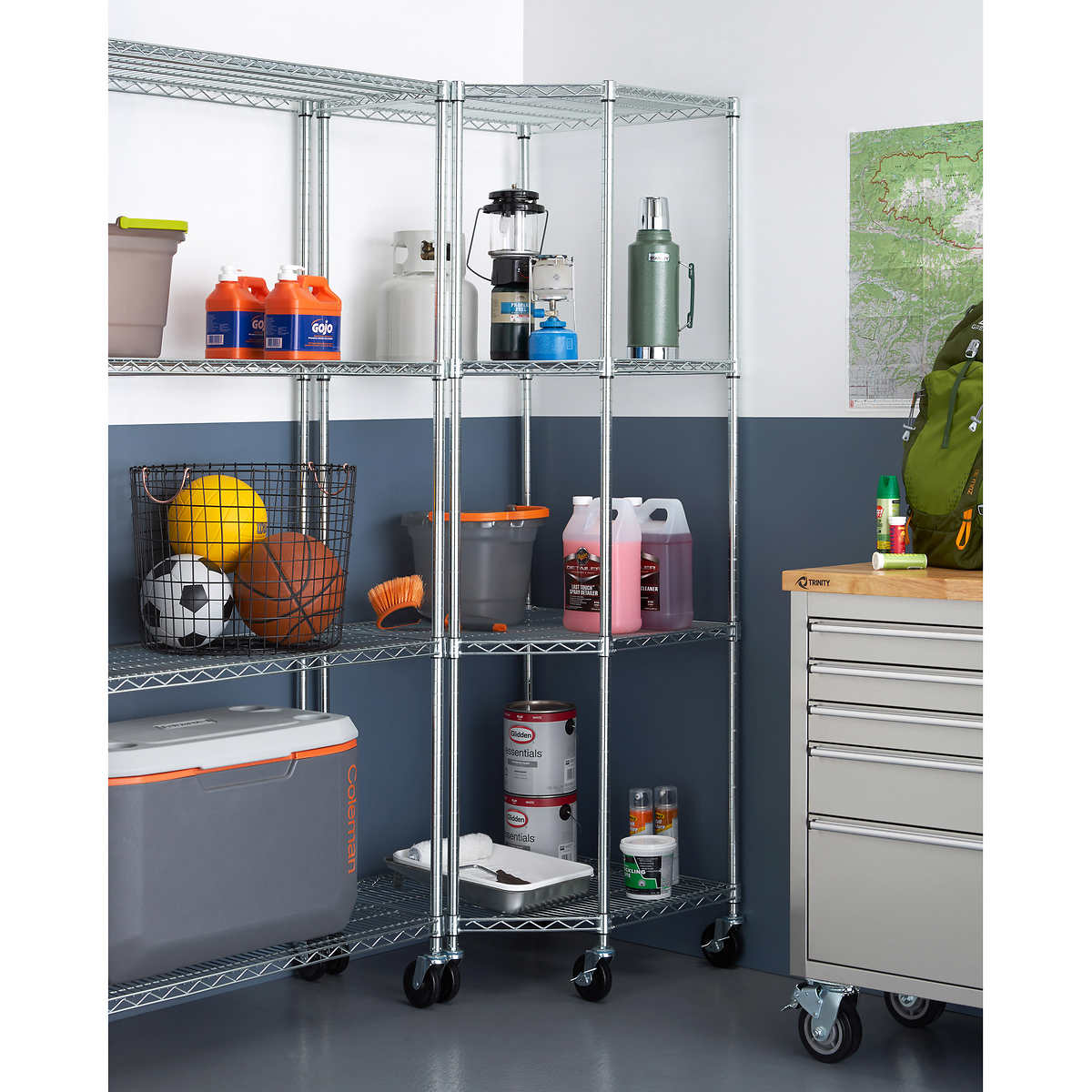TRINITY EcoStorage 4-Tier Corner Wire Shelving Rack with Wheels, 18" D, NSF, Chrome Color