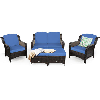 5-Piece Patio Rattan Sofa Set with Cushion and Ottoman