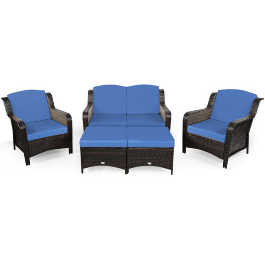 5-Piece Patio Rattan Sofa Set with Cushion and Ottoman