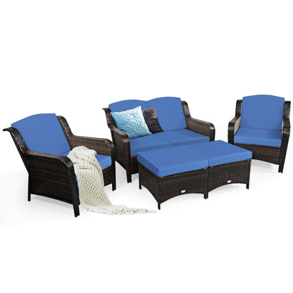 5-Piece Patio Rattan Sofa Set with Cushion and Ottoman