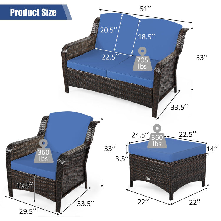 5-Piece Patio Rattan Sofa Set with Cushion and Ottoman