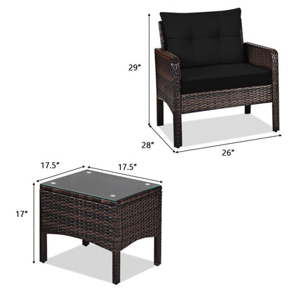 3-Piece Outdoor Patio Rattan Conversation Set with Seat Cushions