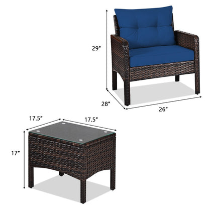 3-Piece Outdoor Patio Rattan Conversation Set with Seat Cushions