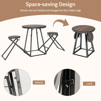 3 Pieces Dining Table Set with 2 Foldable Stools for Small Space