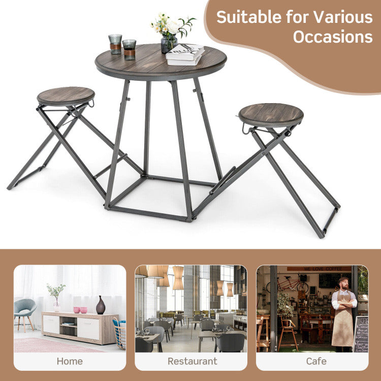 3 Pieces Dining Table Set with 2 Foldable Stools for Small Space