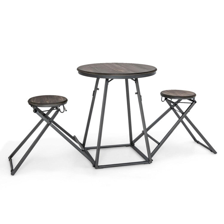 3 Pieces Dining Table Set with 2 Foldable Stools for Small Space