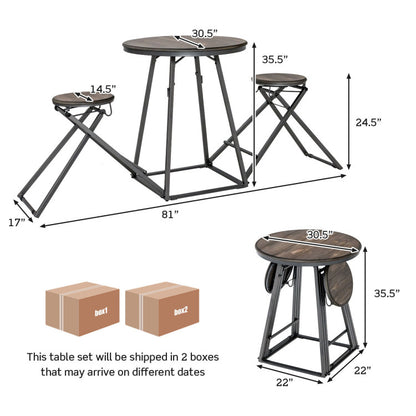 3 Pieces Dining Table Set with 2 Foldable Stools for Small Space