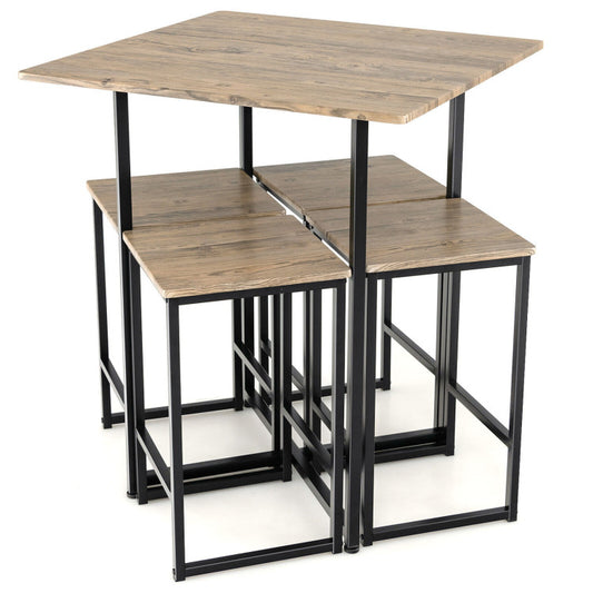 5 Piece Square Space-saving Dining Table Set with 4 Stools