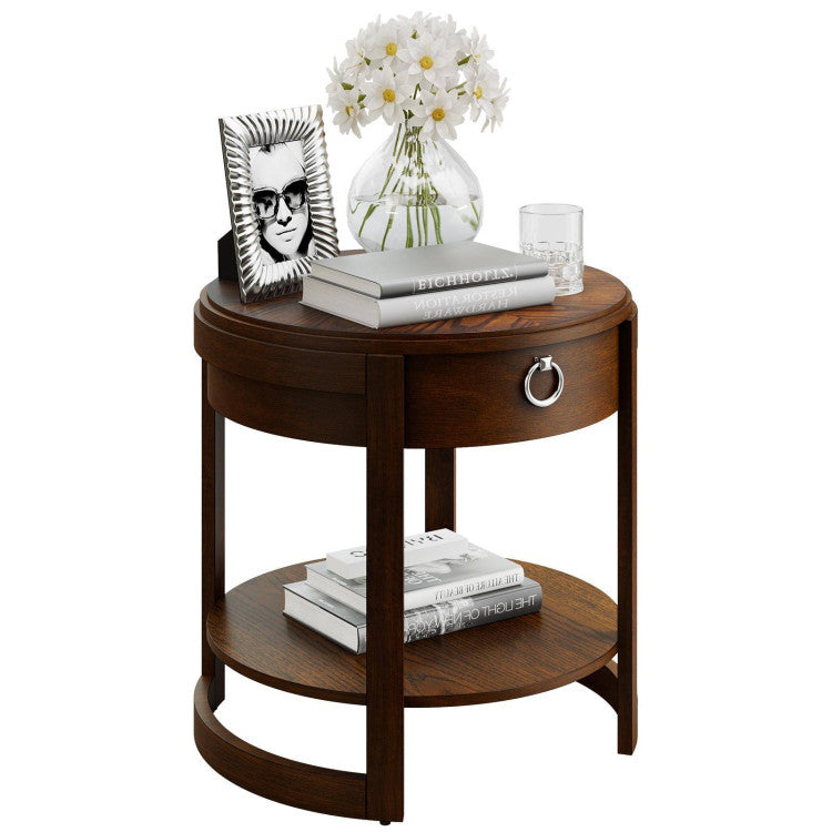 2-Tier Round End Table with Drawer