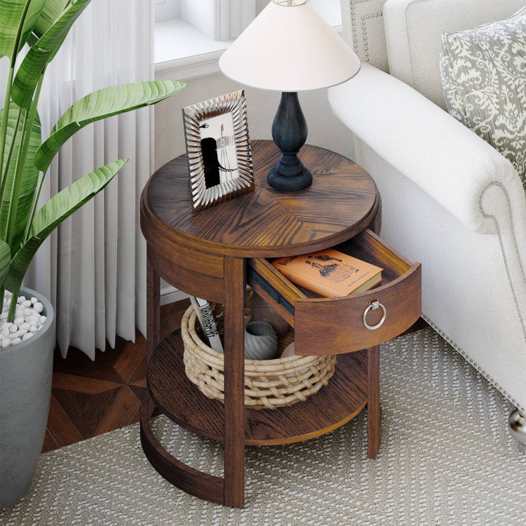 2-Tier Round End Table with Drawer