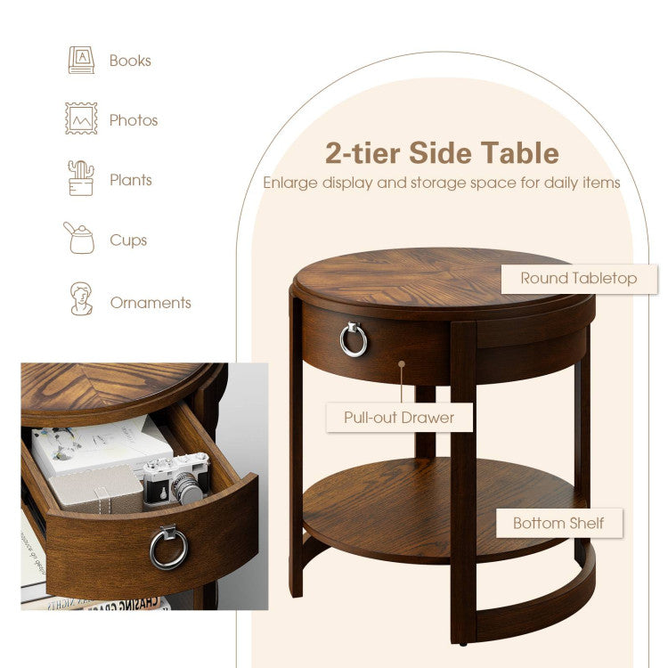 2-Tier Round End Table with Drawer