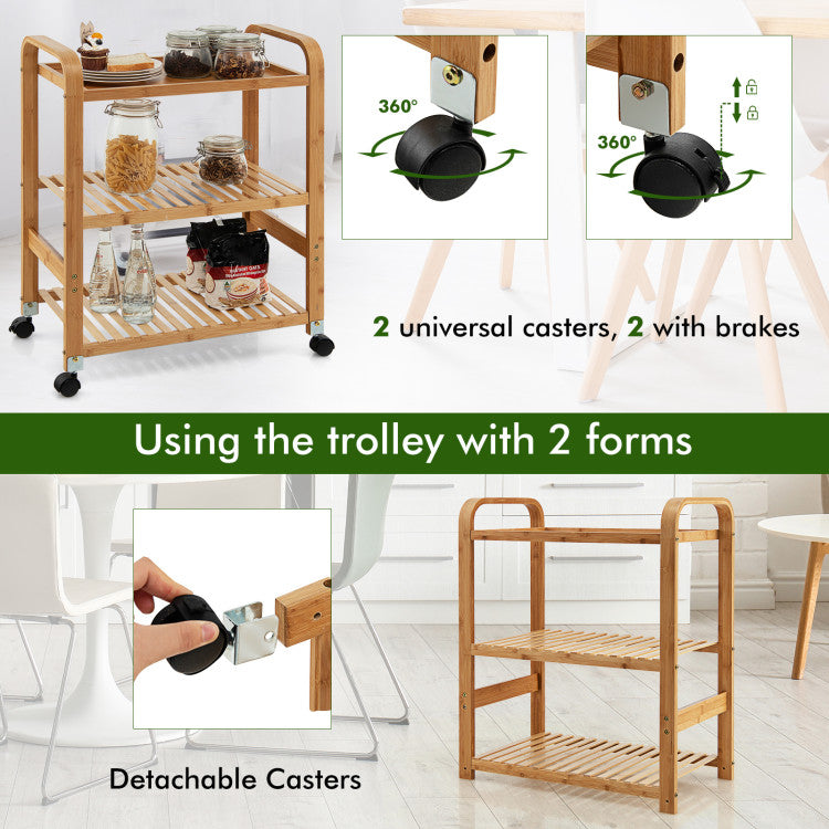 Bamboo Utility Cart with Storage Shelf and Lockable Casters