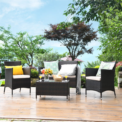 4 Pieces Comfortable Outdoor Rattan Sofa Set with Glass Coffee Table