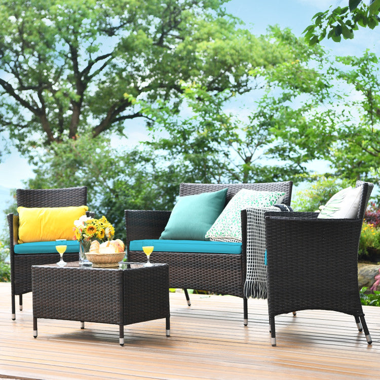 4 Pieces Comfortable Outdoor Rattan Sofa Set with Glass Coffee Table