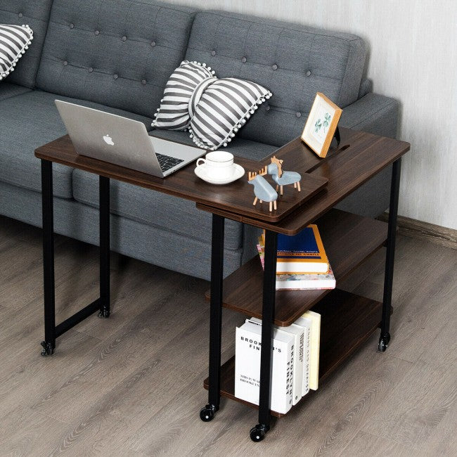 360° Rotating Sofa Side Table with Storage Shelves and Wheels