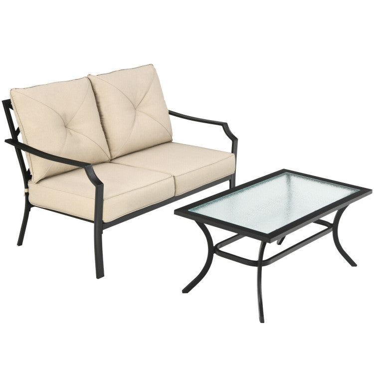 2 Piece Patio Cushioned Loveseat and Table Set