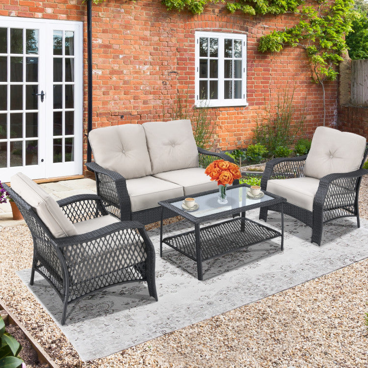 4-Piece Patio Wicker Furniture Set with Coffee Table and Cushions