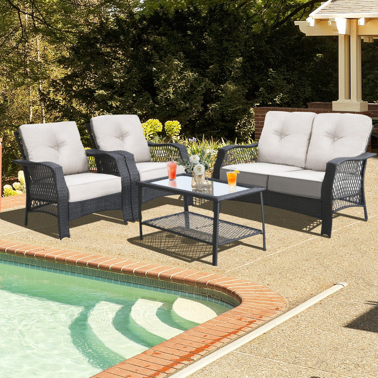 4-Piece Patio Wicker Furniture Set with Coffee Table and Cushions