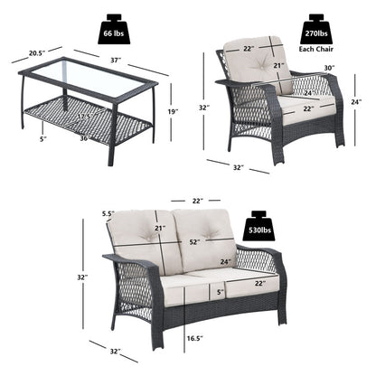 4-Piece Patio Wicker Furniture Set with Coffee Table and Cushions