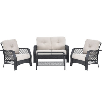 4-Piece Patio Wicker Furniture Set with Coffee Table and Cushions