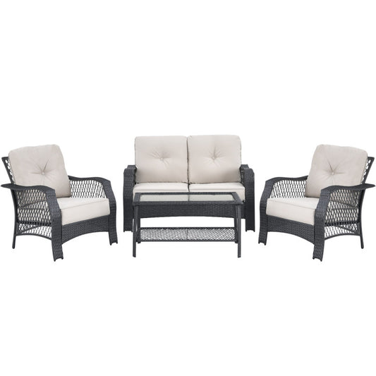 4-Piece Patio Wicker Furniture Set with Coffee Table and Cushions